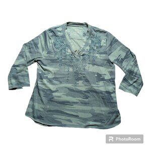 CAITE Embroidered Top Size M Camouflage Floral Boho Olive Camo Shirt 100% Cotton